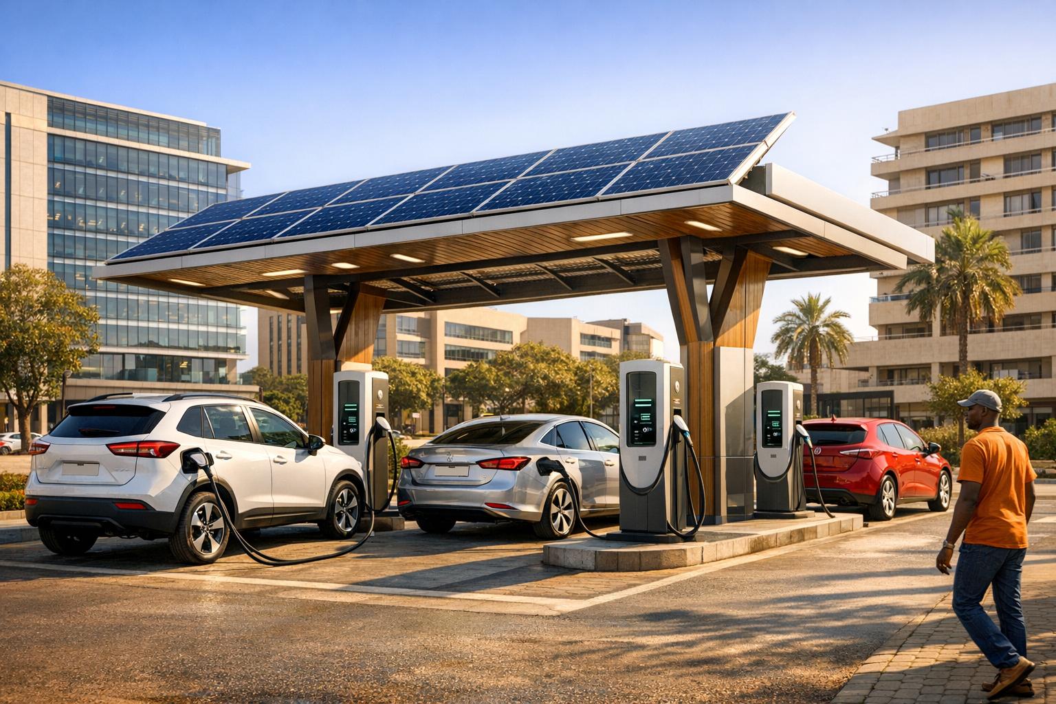 EVs charging under a solar canopy at a modern African charging station