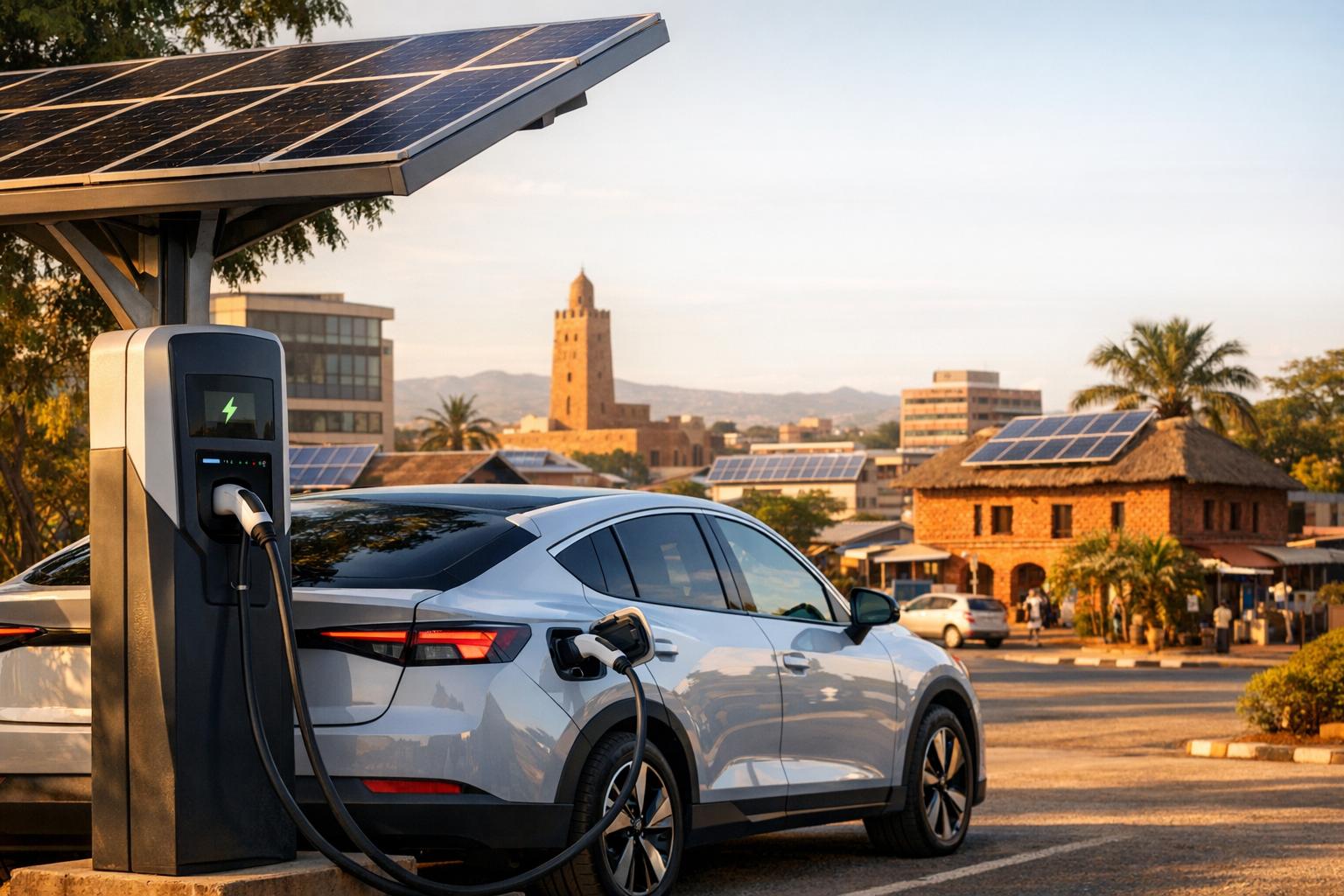 Electric vehicle charging under a solar canopy in an African city